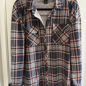 Womens Navy and Orange Plaid Button-Up Shirt Large